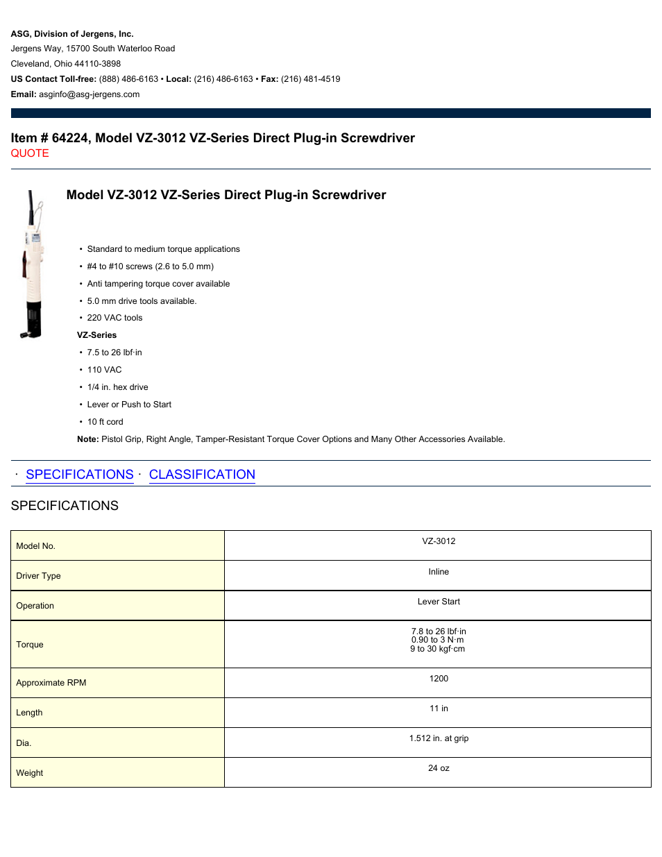 ASG Jergens 64224 VZ-3012 User Manual | 2 pages