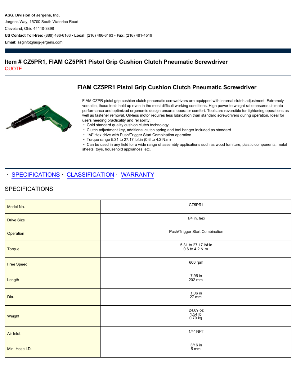 ASG Jergens CZ5PR1 User Manual | 2 pages