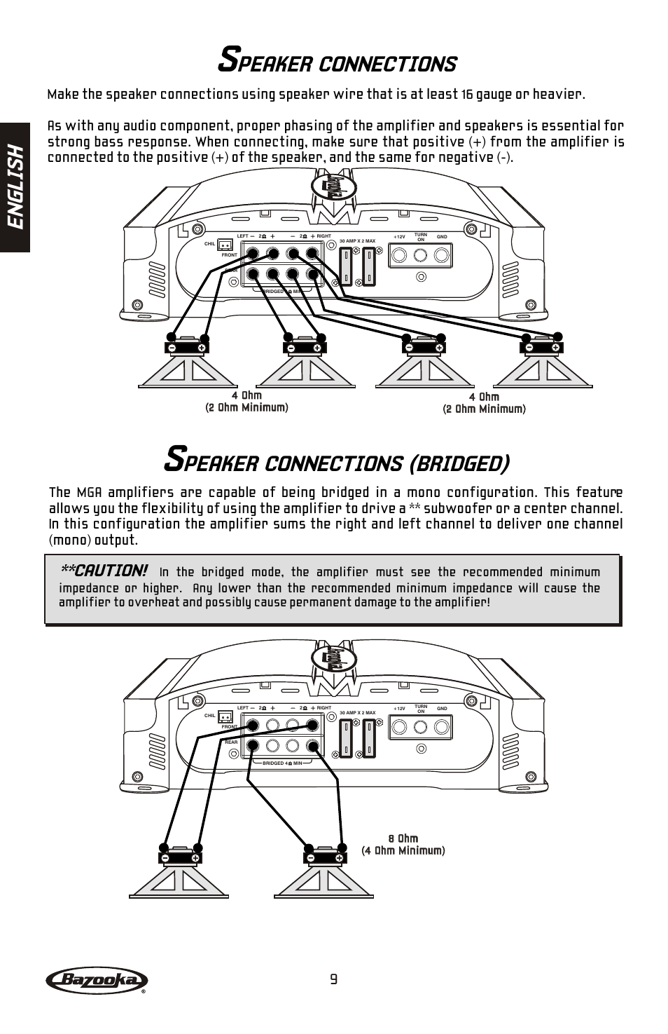 En gl is h, Peaker connections, Peaker connections (bridged) | Caution | Bazooka Mardi Gras Series MGA4150 User Manual | Page 10 / 44