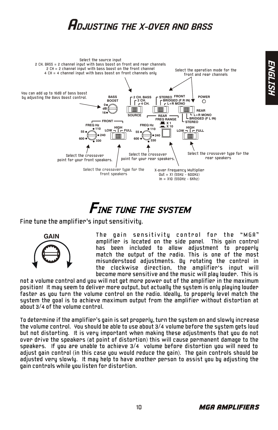 En gl is h, Ine tune the system, Djusting the x-over and bass | Mga amplifiers, Fine tune the amplifier's input sensitivity, Gain | Bazooka Mardi Gras Series MGA4150 User Manual | Page 11 / 44