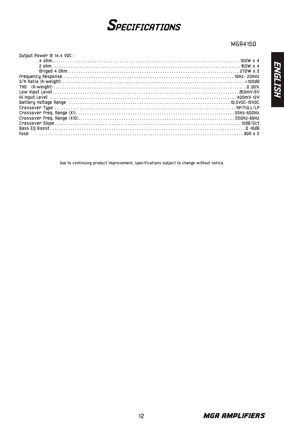 En gl is h, Pecifications, Mga amplifiers | Bazooka Mardi Gras Series MGA4150 User Manual | Page 13 / 44
