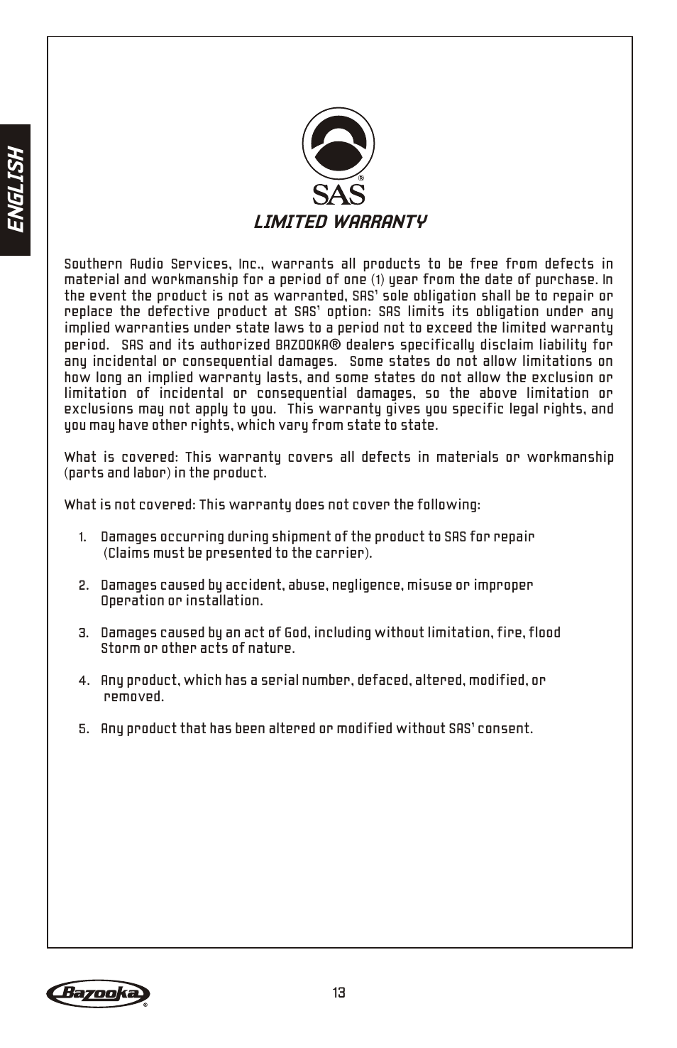 En gl is h, Limited warranty | Bazooka Mardi Gras Series MGA4150 User Manual | Page 14 / 44