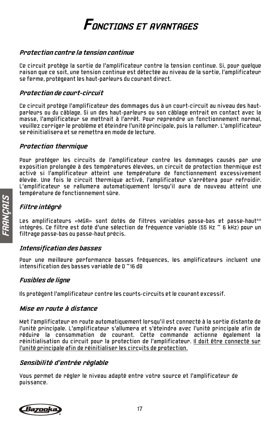 Fr an ç ai s, Onctions et avantages | Bazooka Mardi Gras Series MGA4150 User Manual | Page 18 / 44