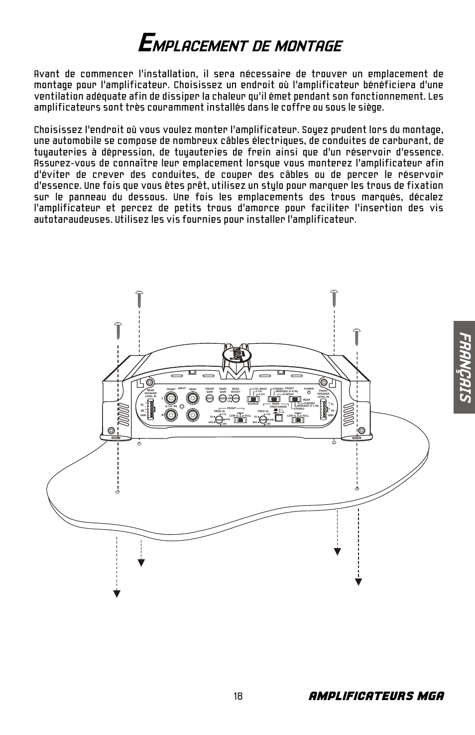 Fr an ç ai s, Mplacement de montage, Amplificateurs mga | Bazooka Mardi Gras Series MGA4150 User Manual | Page 19 / 44