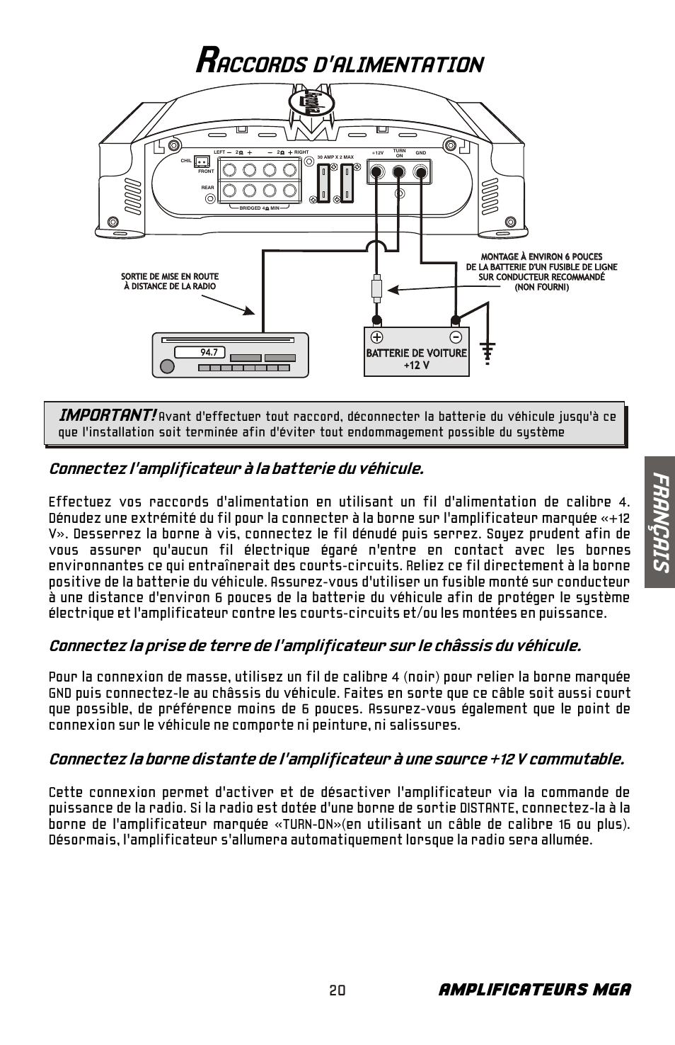 Fr an ç ai s, Accords d'alimentation, Amplificateurs mga | Important | Bazooka Mardi Gras Series MGA4150 User Manual | Page 21 / 44