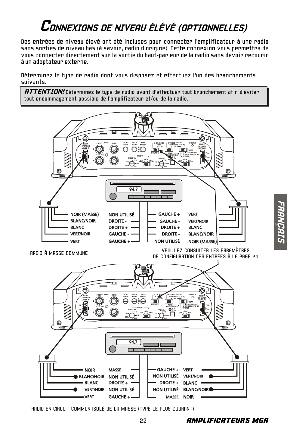 Fr an ç ai s, Onnexions de niveau élévé (optionnelles), Amplificateurs mga | Attention, Droite | Bazooka Mardi Gras Series MGA4150 User Manual | Page 23 / 44