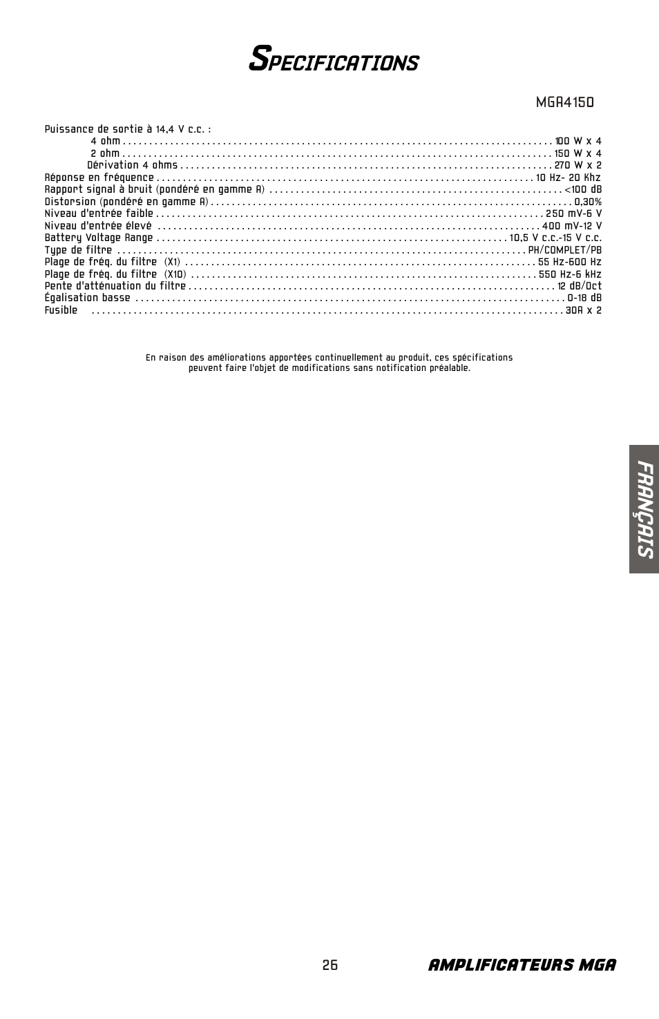 Fr an ç ai s, Pecifications, Amplificateurs mga | Bazooka Mardi Gras Series MGA4150 User Manual | Page 27 / 44