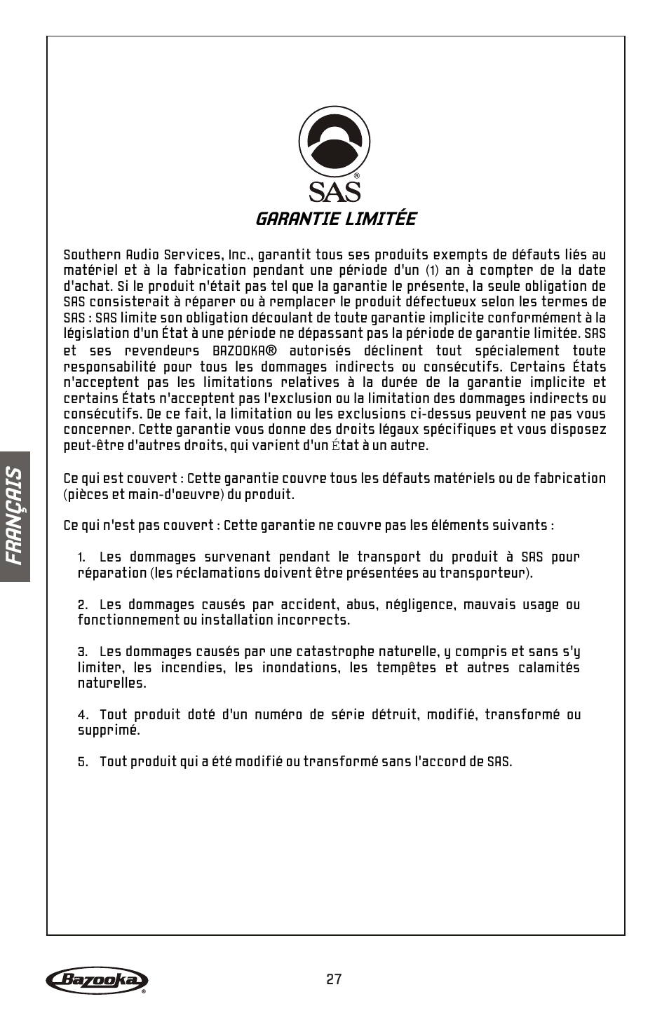 Fr an ç ai s, Garantie limitée | Bazooka Mardi Gras Series MGA4150 User Manual | Page 28 / 44