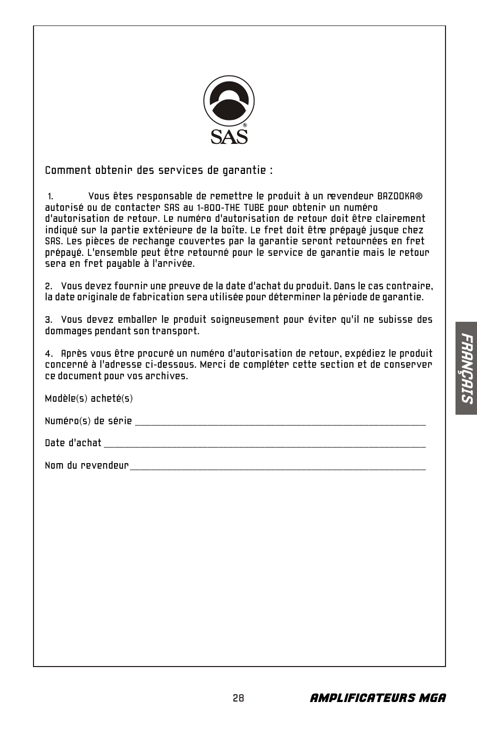 Fr an ç ai s, Amplificateurs mga | Bazooka Mardi Gras Series MGA4150 User Manual | Page 29 / 44