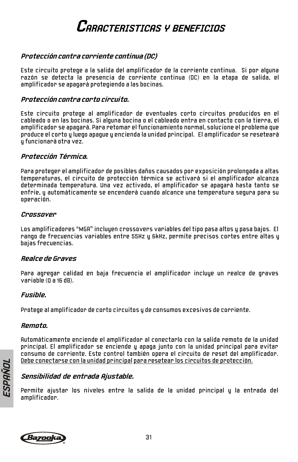 Es pa ñ o l, Aracteristicas y beneficios | Bazooka Mardi Gras Series MGA4150 User Manual | Page 32 / 44