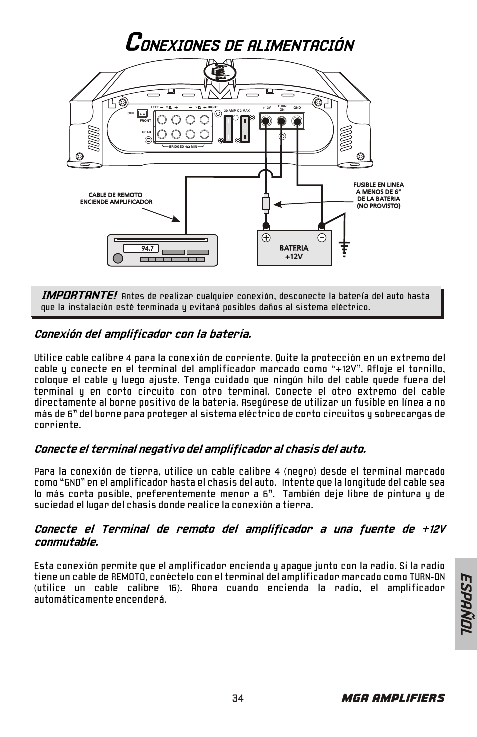 Es pa ñ o l, Onexiones de alimentación, Mga amplifiers | Importante, Conexión del amplificador con la batería | Bazooka Mardi Gras Series MGA4150 User Manual | Page 35 / 44