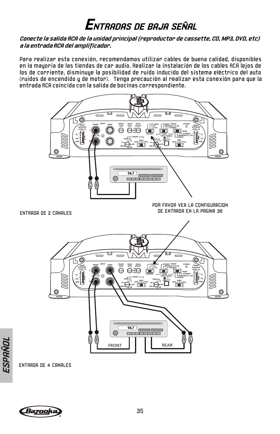 Es pa ñ o l, Ntradas de baja señal, Front | Rear | Bazooka Mardi Gras Series MGA4150 User Manual | Page 36 / 44
