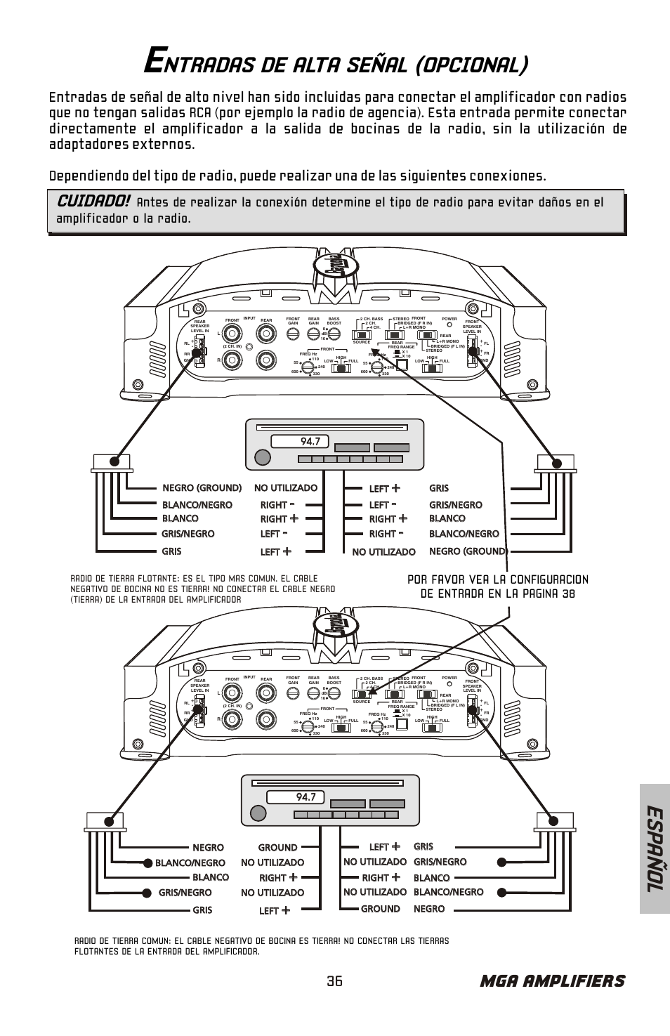 Es pa ñ o l, Ntradas de alta señal (opcional), Mga amplifiers | Cuidado | Bazooka Mardi Gras Series MGA4150 User Manual | Page 37 / 44