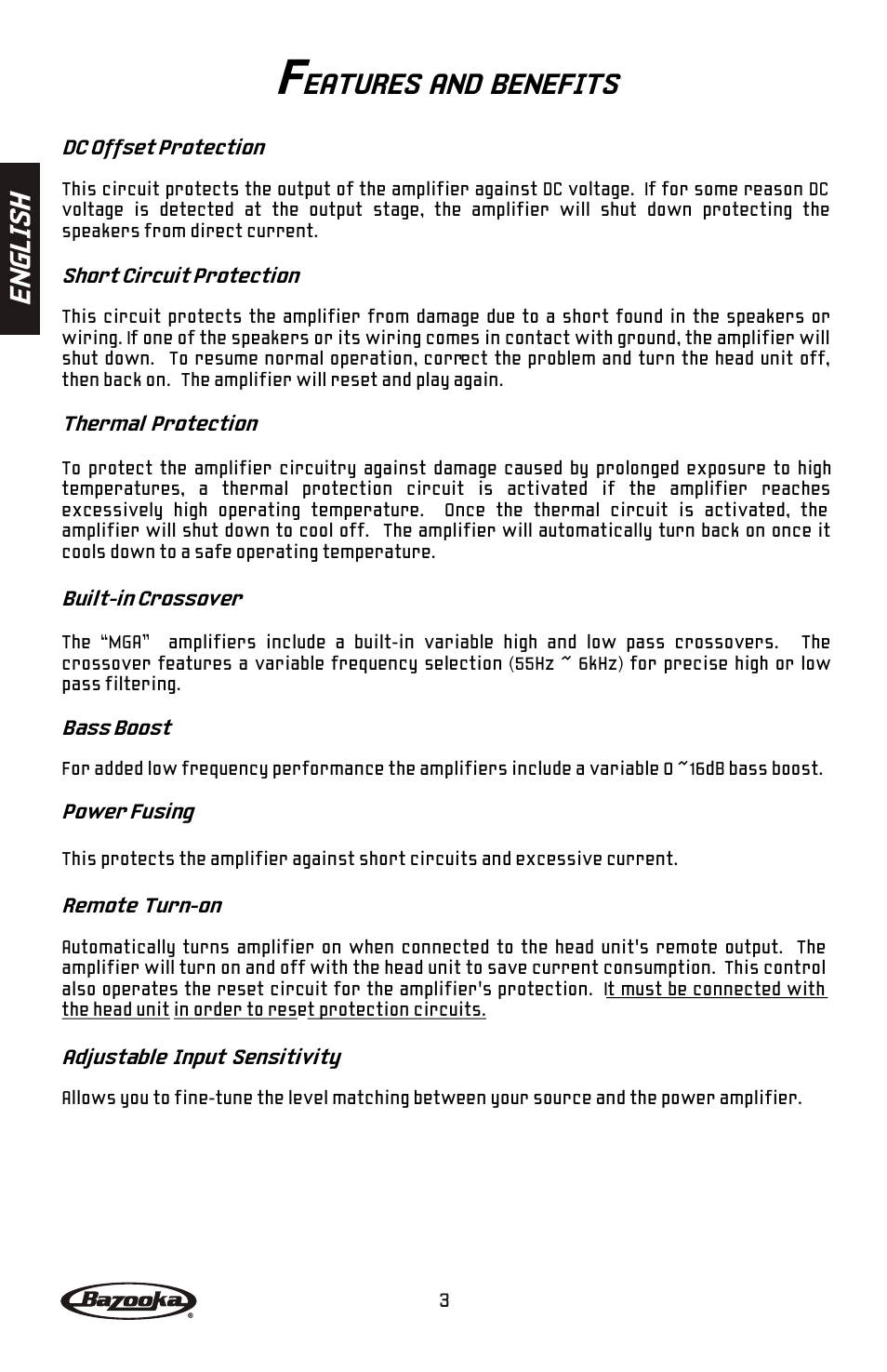En gl is h, Eatures and benefits | Bazooka Mardi Gras Series MGA4150 User Manual | Page 4 / 44