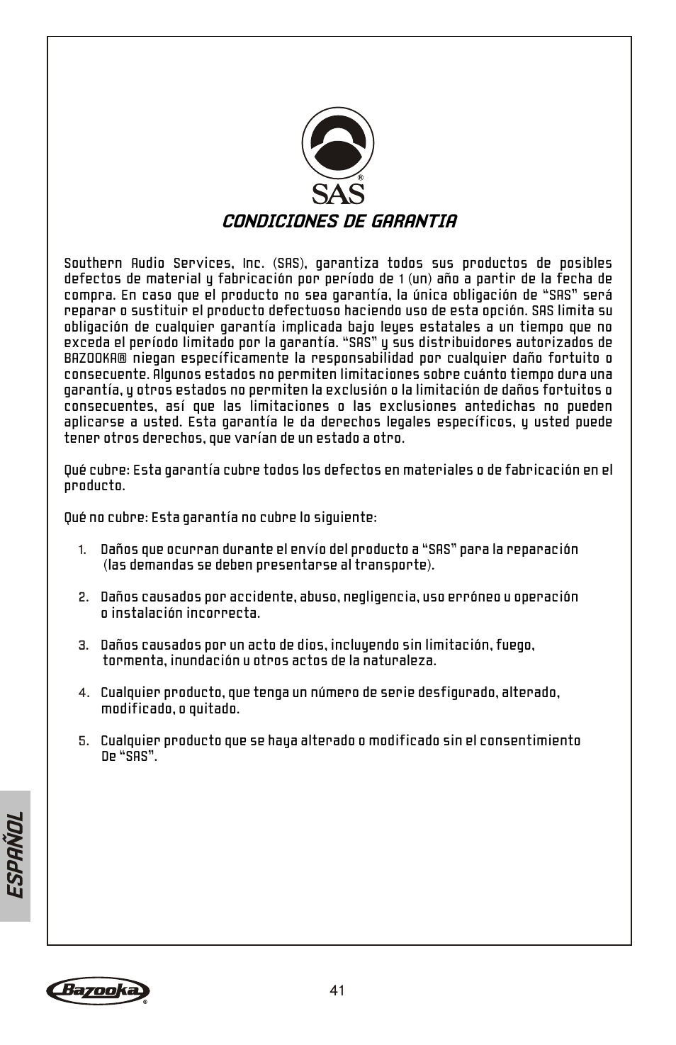 Es pa ñ o l, Condiciones de garantia | Bazooka Mardi Gras Series MGA4150 User Manual | Page 42 / 44