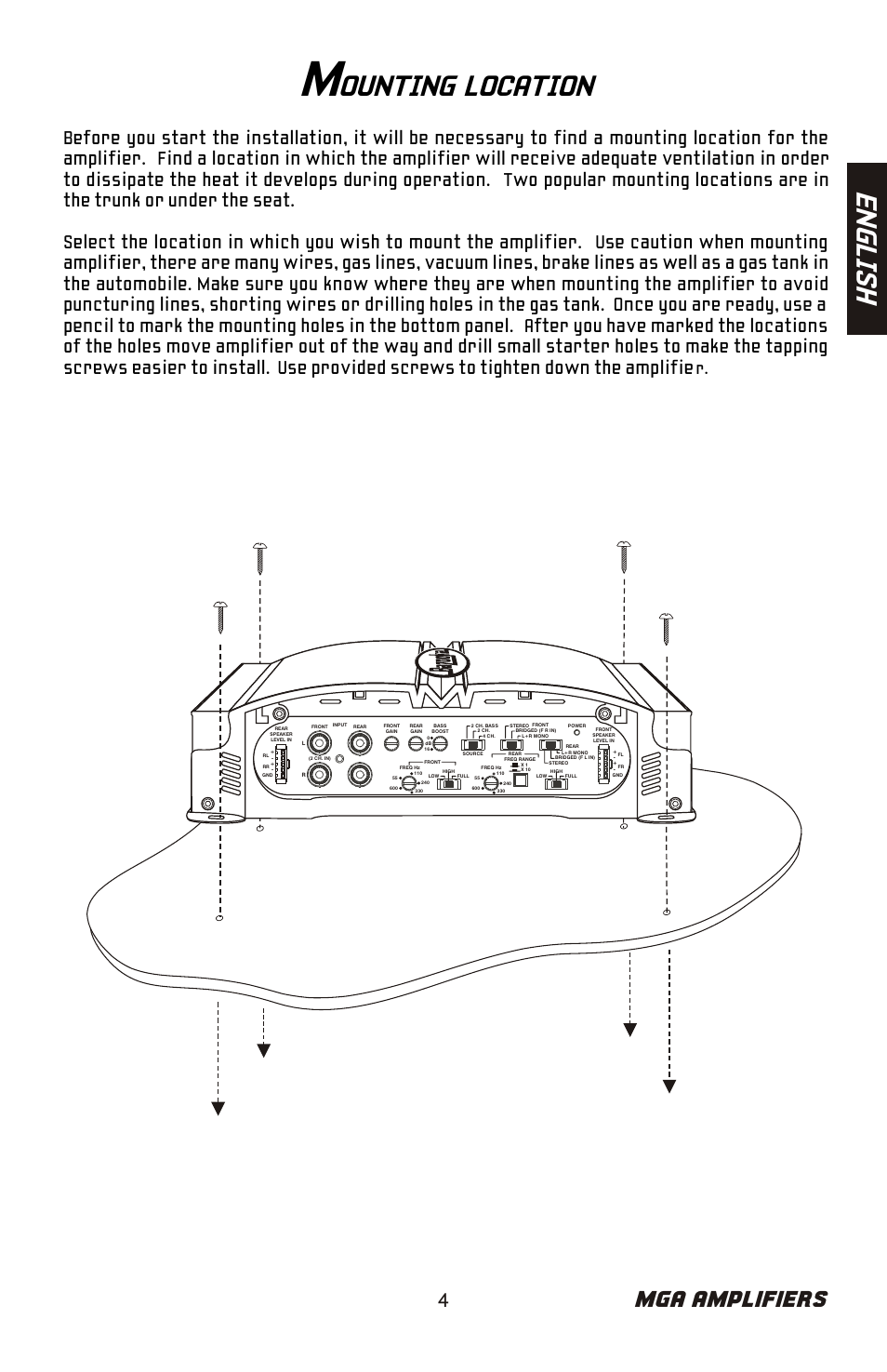 En gl is h, Ounting location, Mga amplifiers | Bazooka Mardi Gras Series MGA4150 User Manual | Page 5 / 44