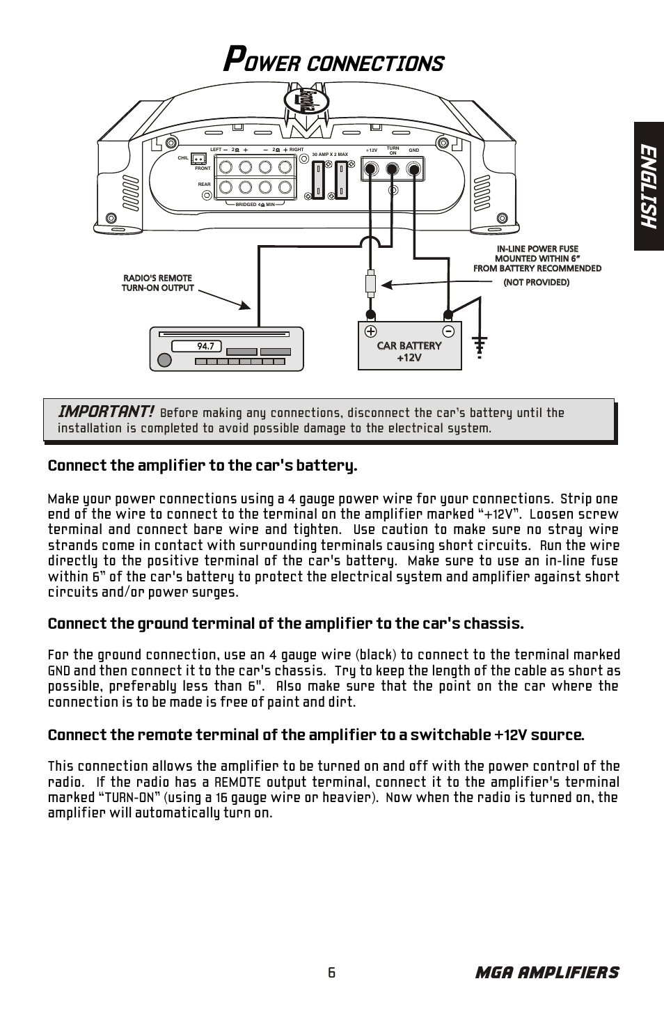 En gl is h, Ower connections, Mga amplifiers | Important | Bazooka Mardi Gras Series MGA4150 User Manual | Page 7 / 44