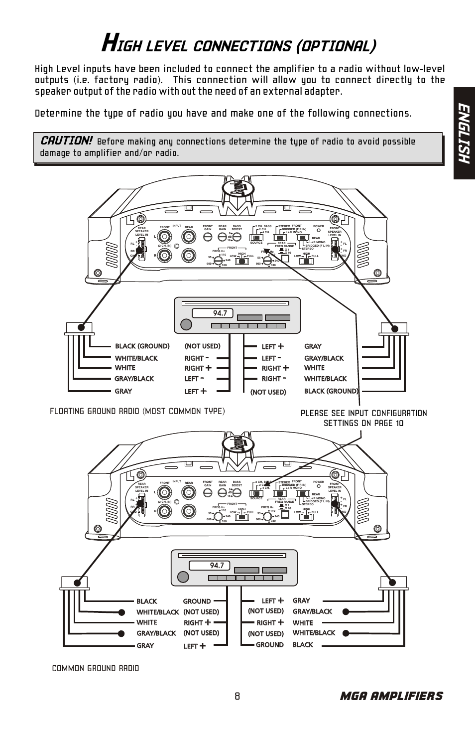 En gl is h, Igh level connections (optional), Mga amplifiers | Caution, Common ground radio, Floating ground radio (most common type) | Bazooka Mardi Gras Series MGA4150 User Manual | Page 9 / 44