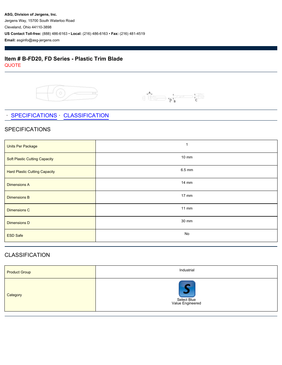 ASG Jergens B-FD20 FD Series - Plastic Trim Blade User Manual | 1 page