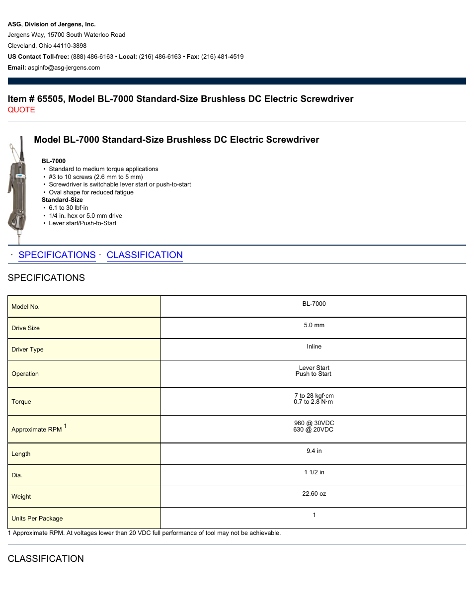 ASG Jergens 65505 BL-7000 User Manual | 2 pages