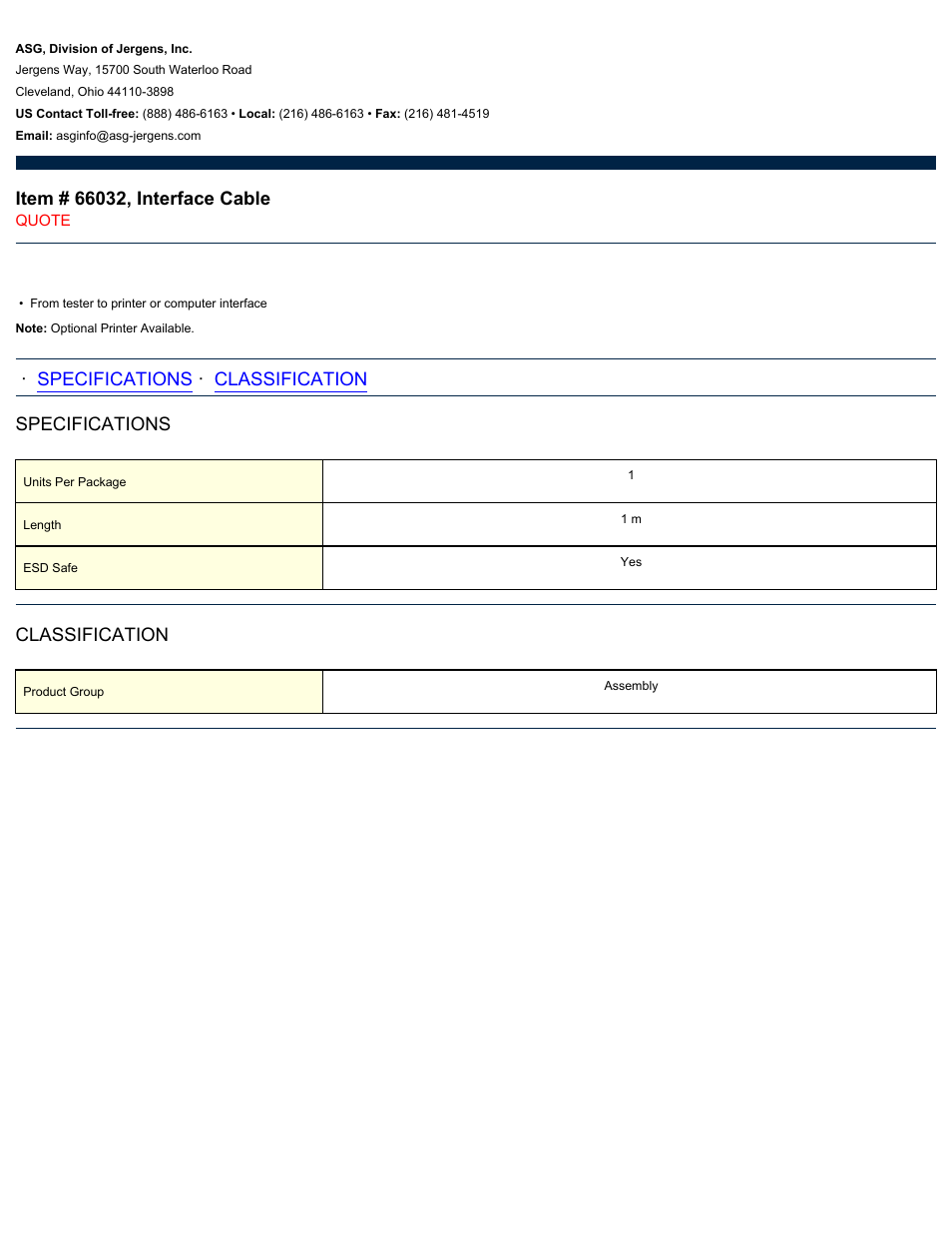 ASG Jergens 66032 Interface Cable User Manual | 1 page