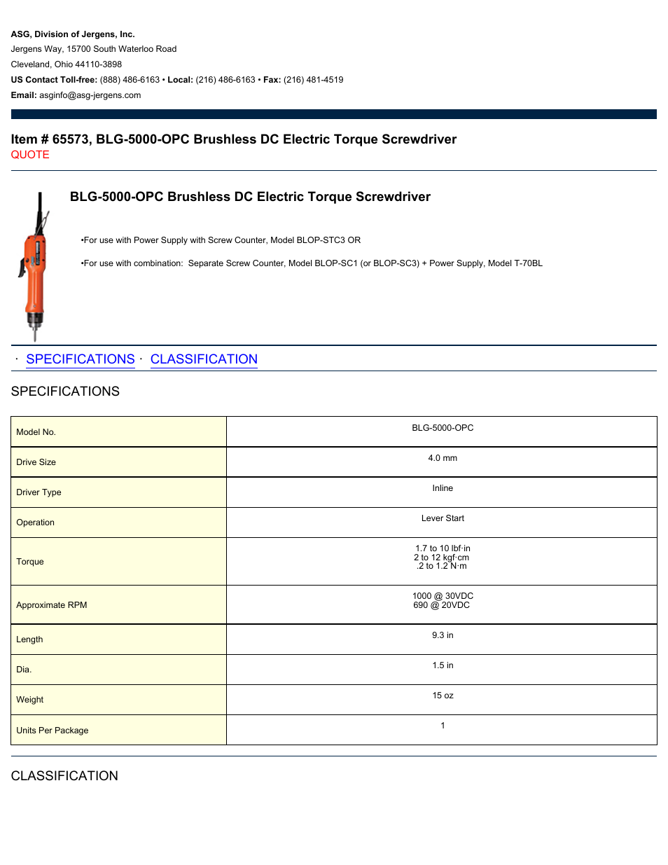 ASG Jergens 65573 BLG-5000-OPC User Manual | 2 pages