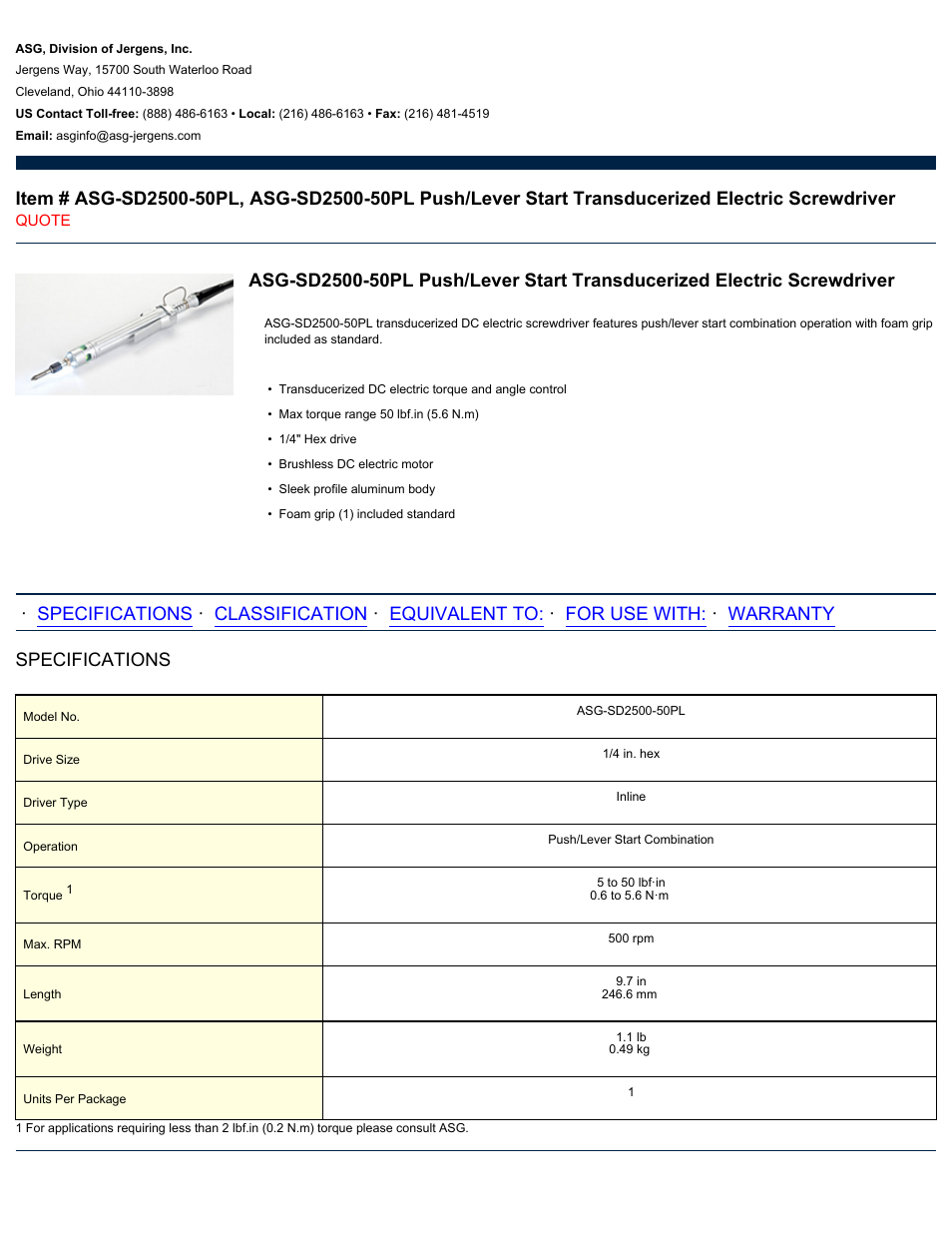 ASG Jergens ASG-SD2500-50PL User Manual | 2 pages