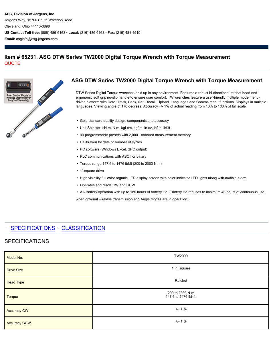 ASG Jergens 65231 TW2000 User Manual | 2 pages