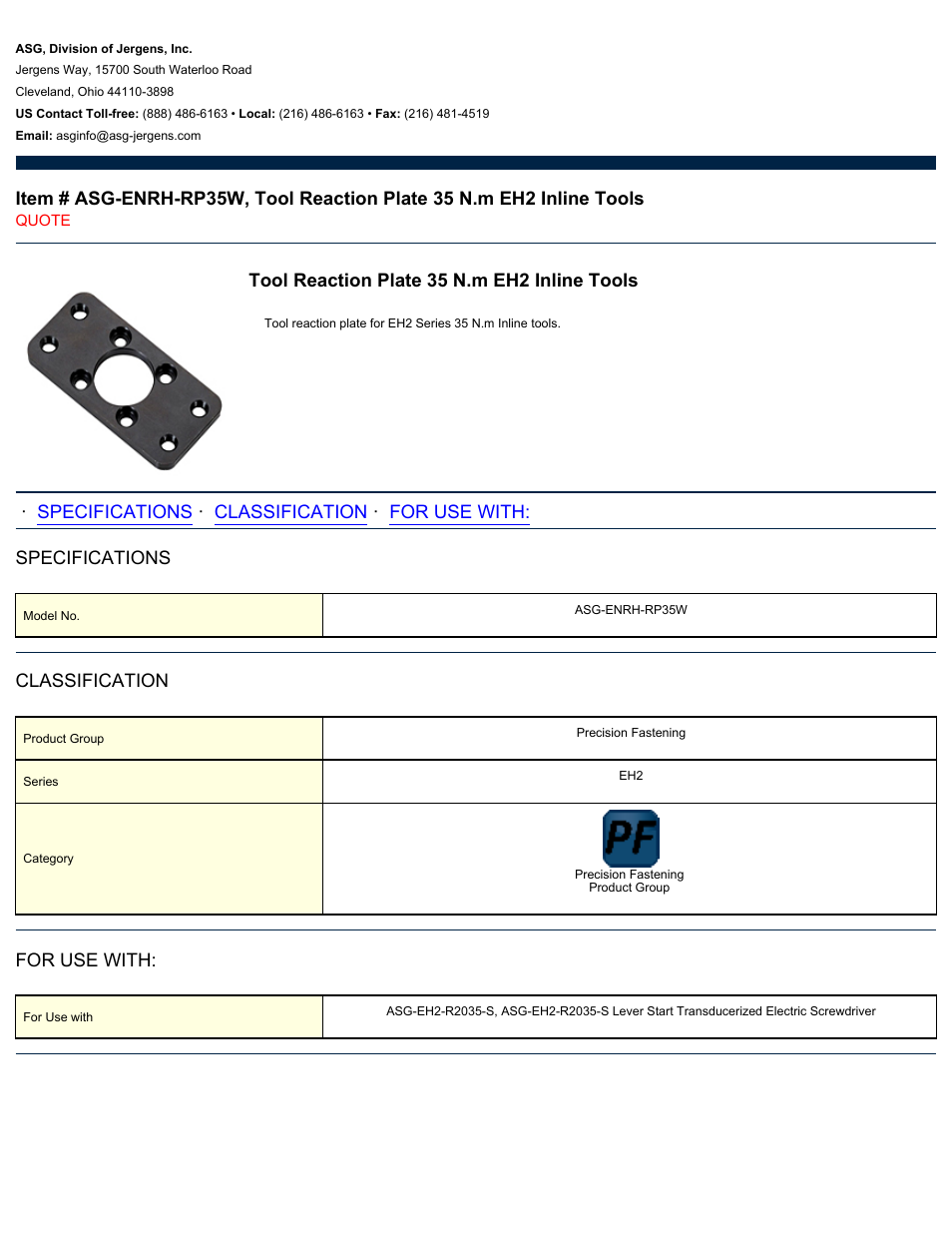 ASG Jergens ASG-ENRH-RP35W Tool Reaction Plate User Manual | 1 page