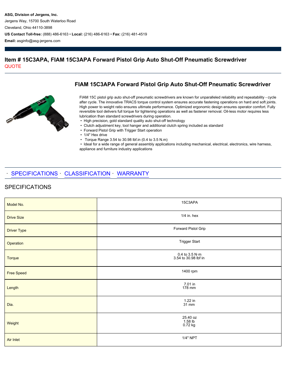 ASG Jergens 15C3APA User Manual | 2 pages