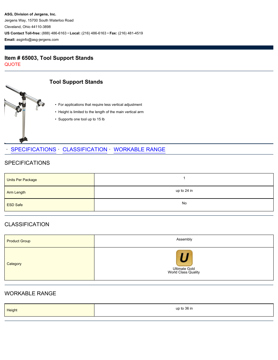 ASG Jergens 65003 Tool Support Stands User Manual | 1 page