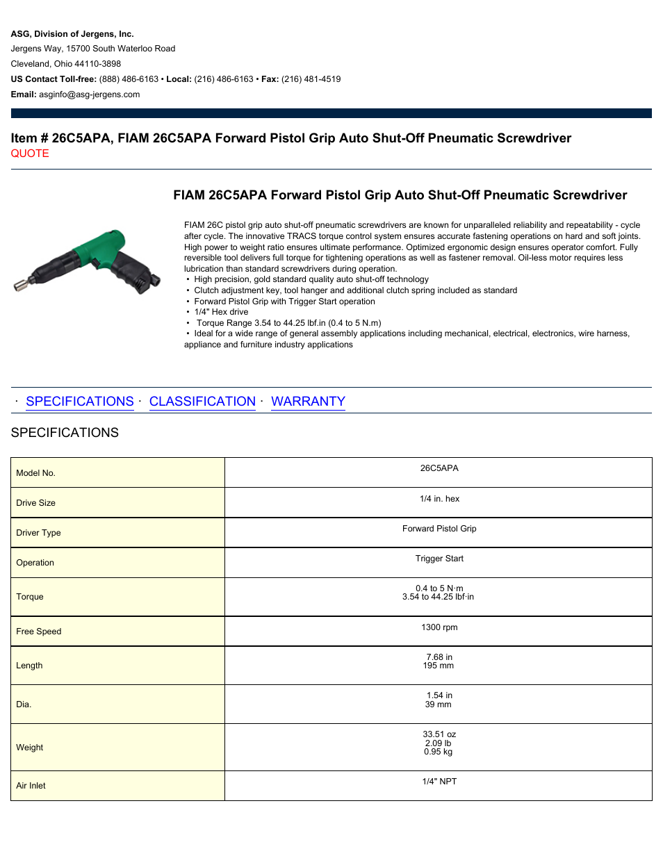 ASG Jergens 26C5APA User Manual | 2 pages