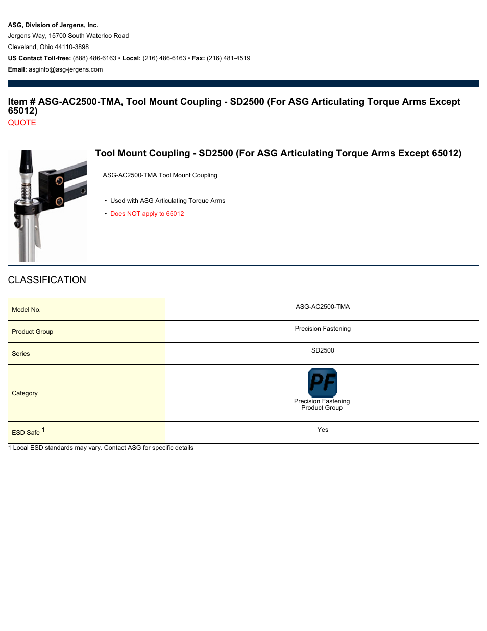 ASG Jergens ASG-AC2500-TMA Tool Mount Coupling - SD2500 User Manual | 1 page