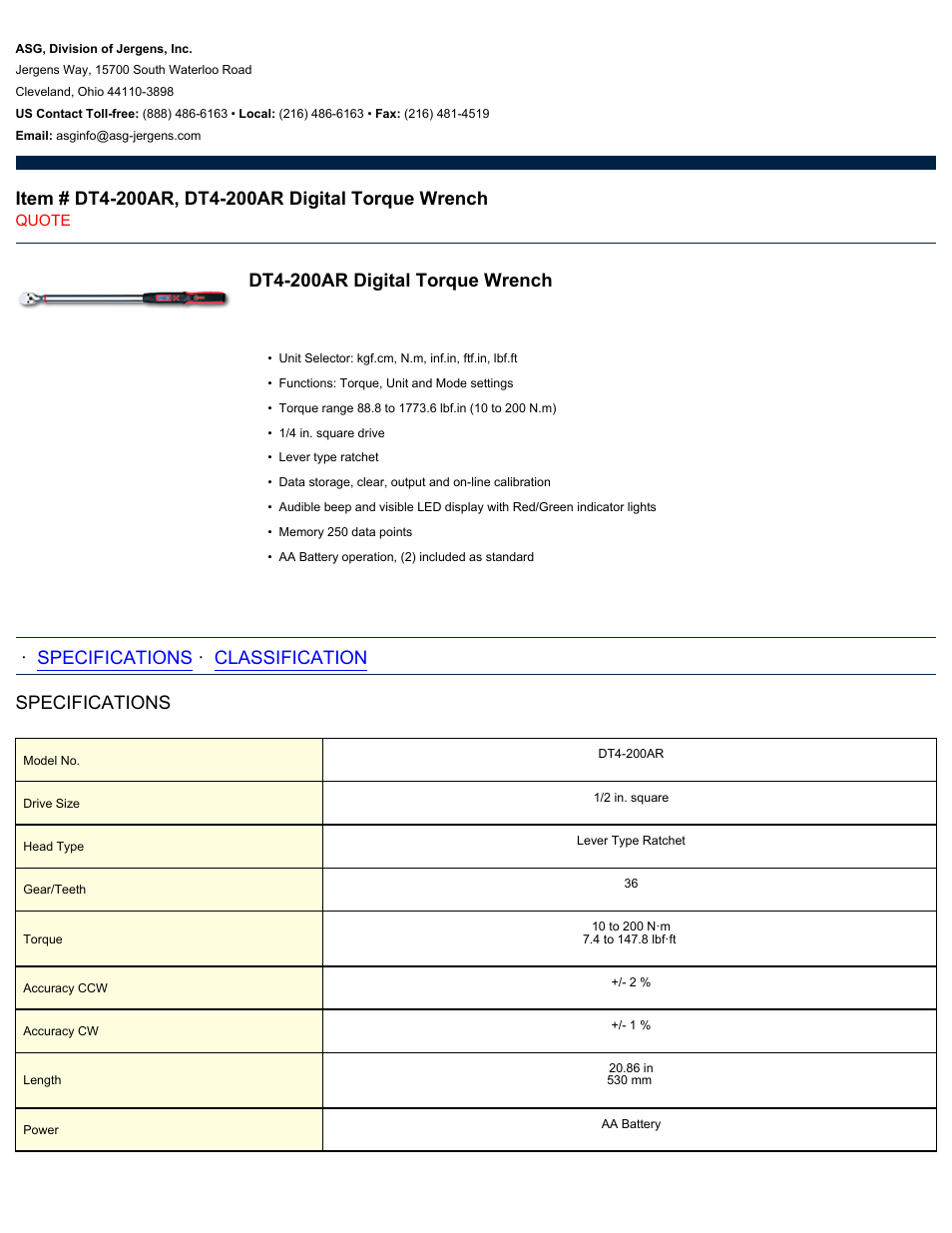 ASG Jergens DT4-200AR User Manual | 2 pages