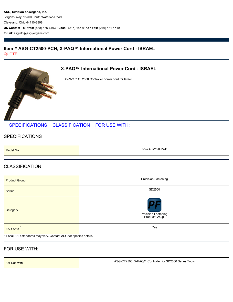 ASG Jergens ASG-CT2500-PCH Power Cord - ISRAEL User Manual | 1 page
