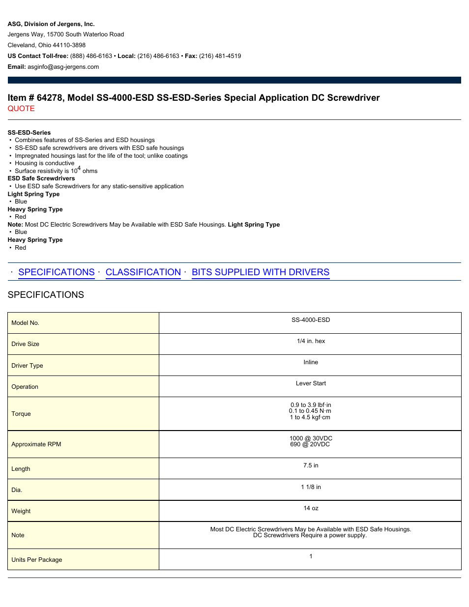 ASG Jergens 64278 SS-4000-ESD User Manual | 2 pages