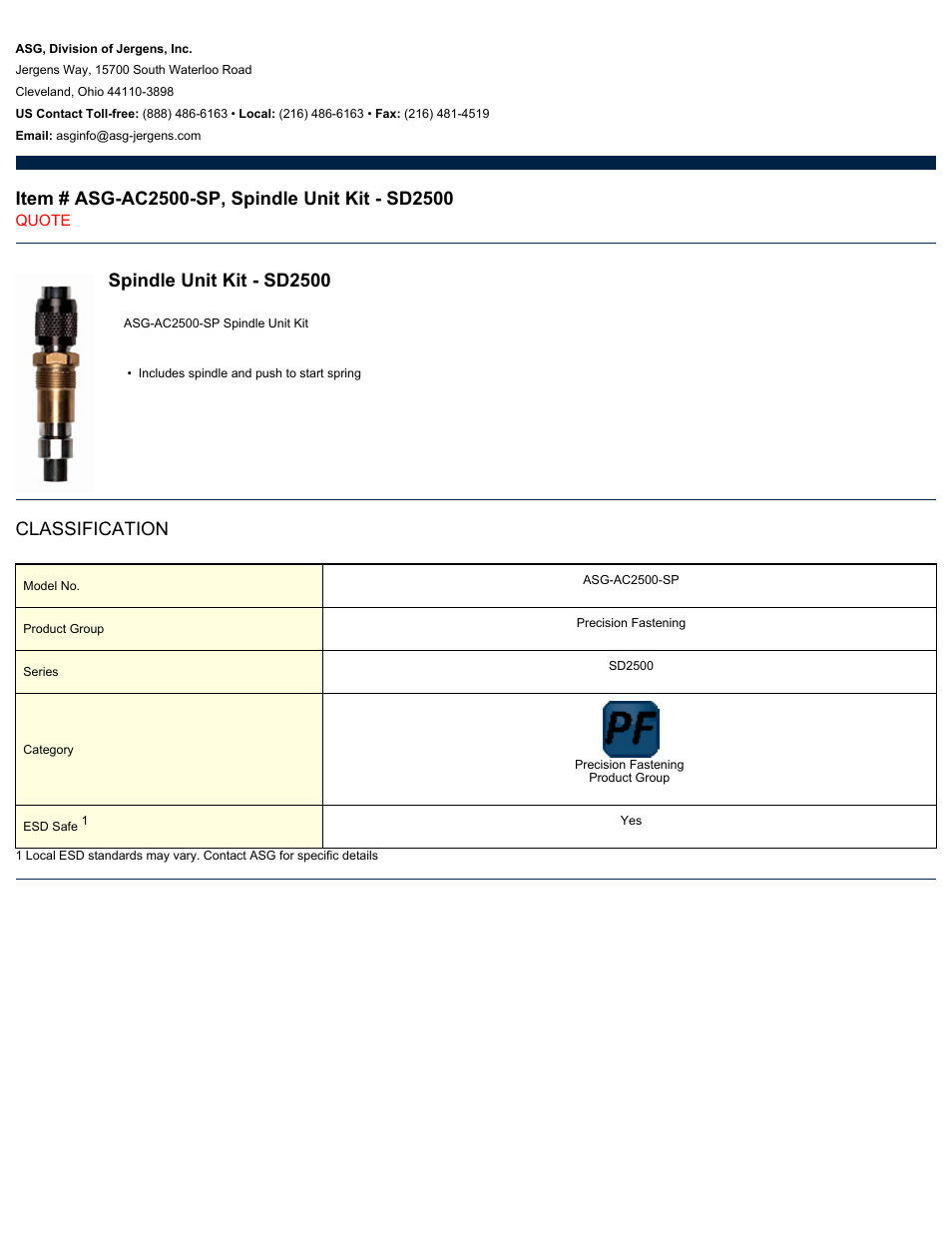 ASG Jergens ASG-AC2500-SP Spindle Unit Kit - SD2500 User Manual | 1 page