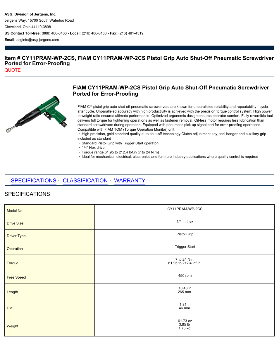 ASG Jergens CY11PRAM-WP-2CS User Manual | 2 pages