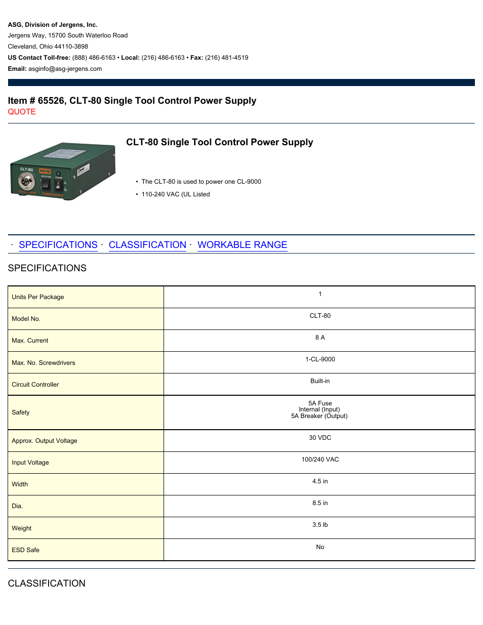 ASG Jergens 65526 CLT-80 Single Tool Control Power Supply User Manual | 2 pages