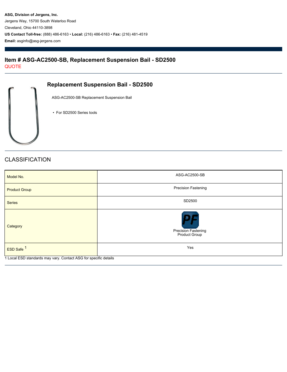 ASG Jergens ASG-AC2500-SB Replacement Suspension Bail - SD2500 User Manual | 1 page