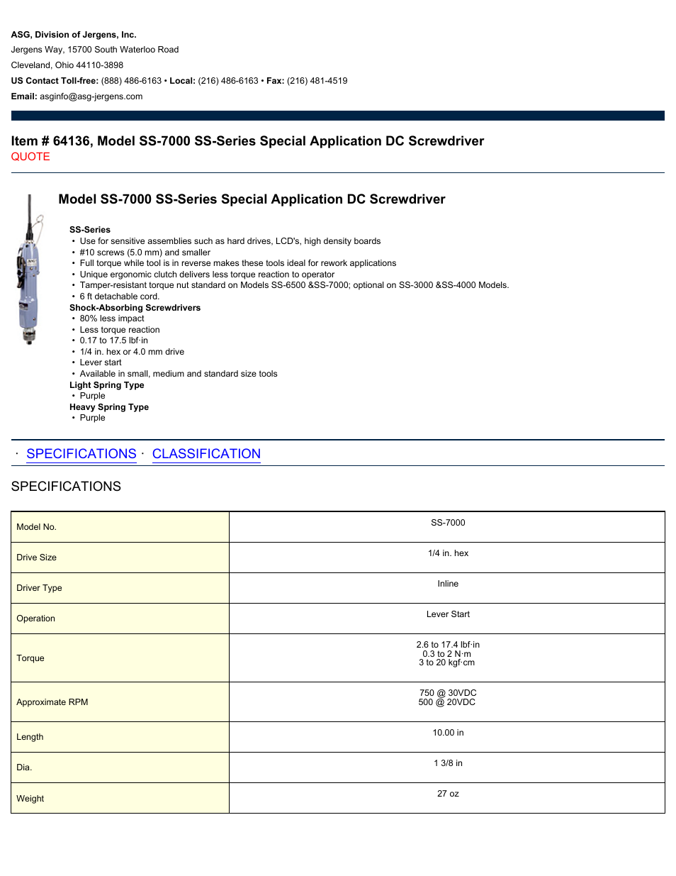 ASG Jergens 64136 SS-7000 User Manual | 2 pages