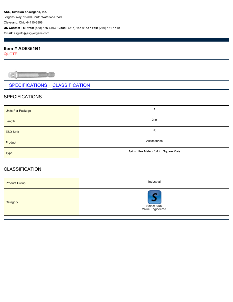 ASG Jergens AD6351B1 Socket Adapter User Manual | 1 page