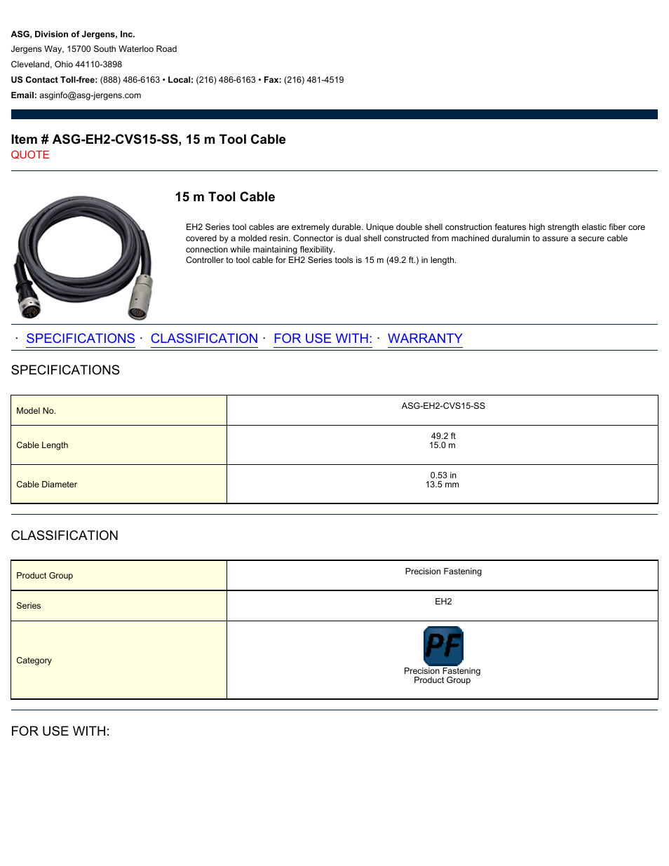 ASG Jergens ASG-EH2-CVS15-SS 15 m Tool Cable User Manual | 2 pages