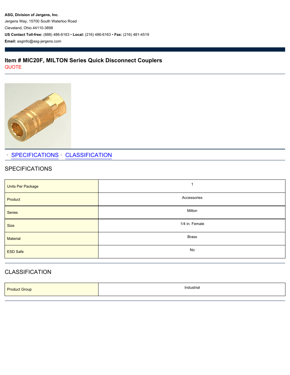 ASG Jergens MIC20F MILTON Series Quick Disconnect Couplers User Manual | 1 page