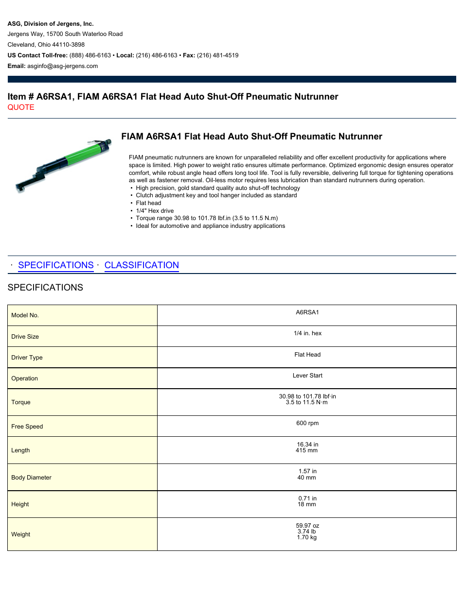 ASG Jergens A6RSA1 User Manual | 2 pages