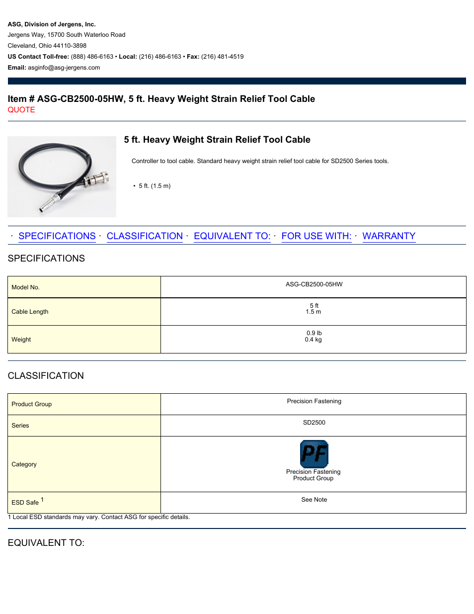 ASG Jergens ASG-CB2500-05HW Tool Cable User Manual | 2 pages