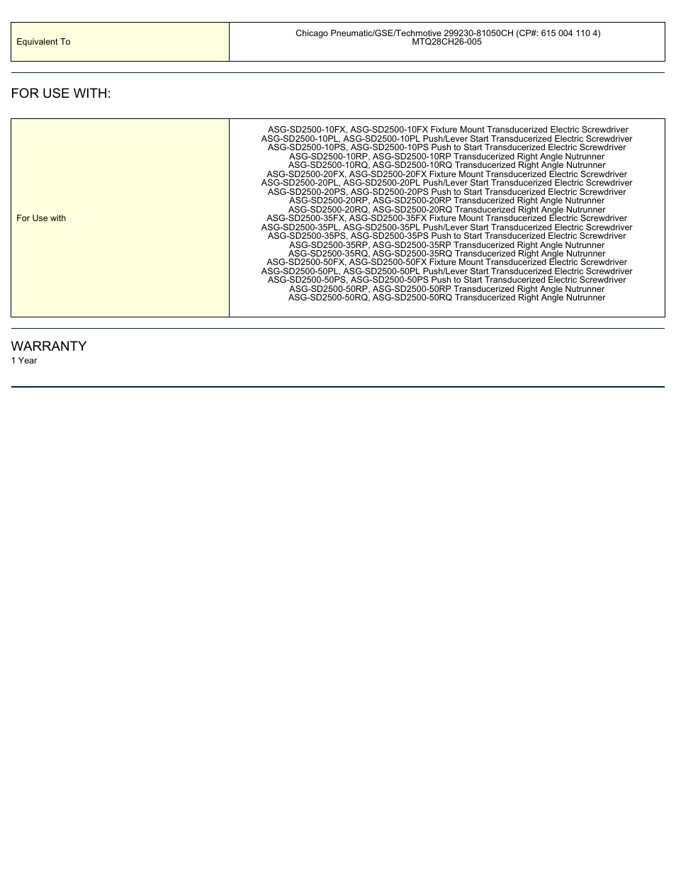 For use with, Warranty | ASG Jergens ASG-CB2500-05HW Tool Cable User Manual | Page 2 / 2