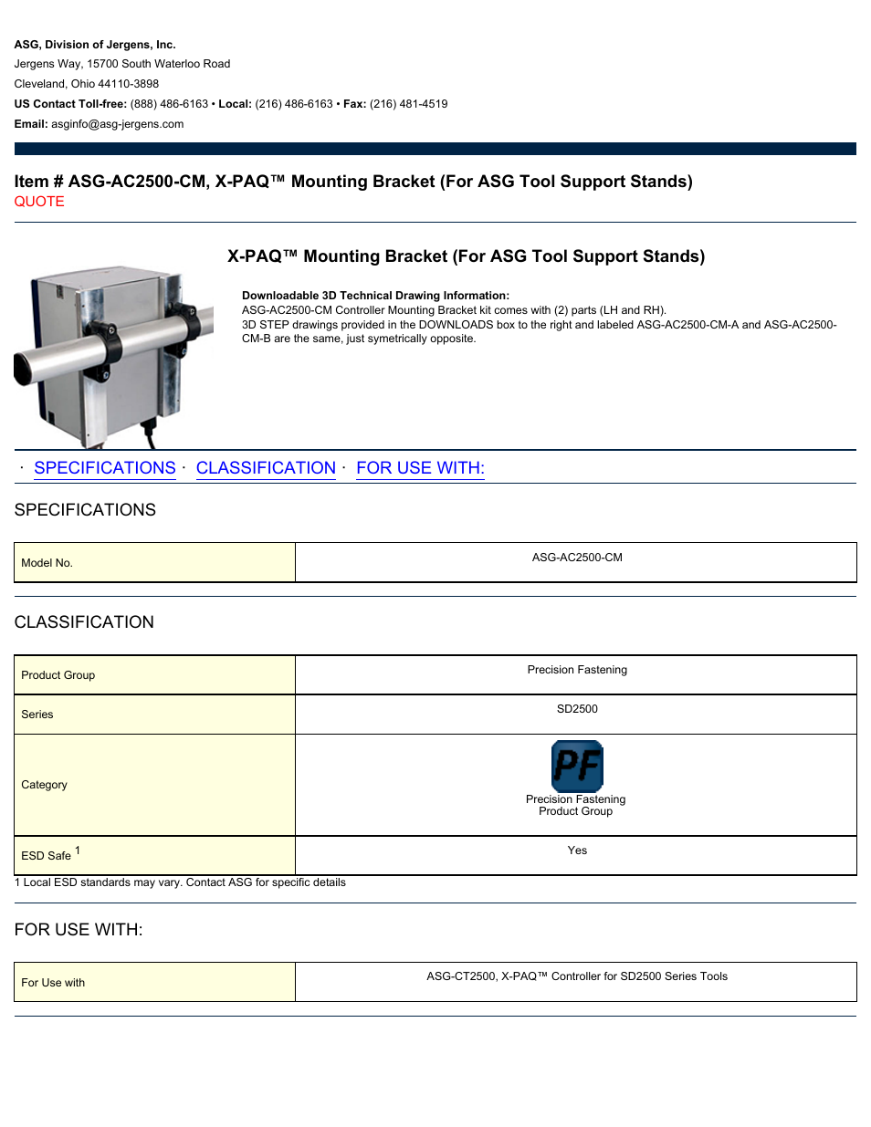 ASG Jergens ASG-AC2500-CM Mounting Bracket User Manual | 1 page