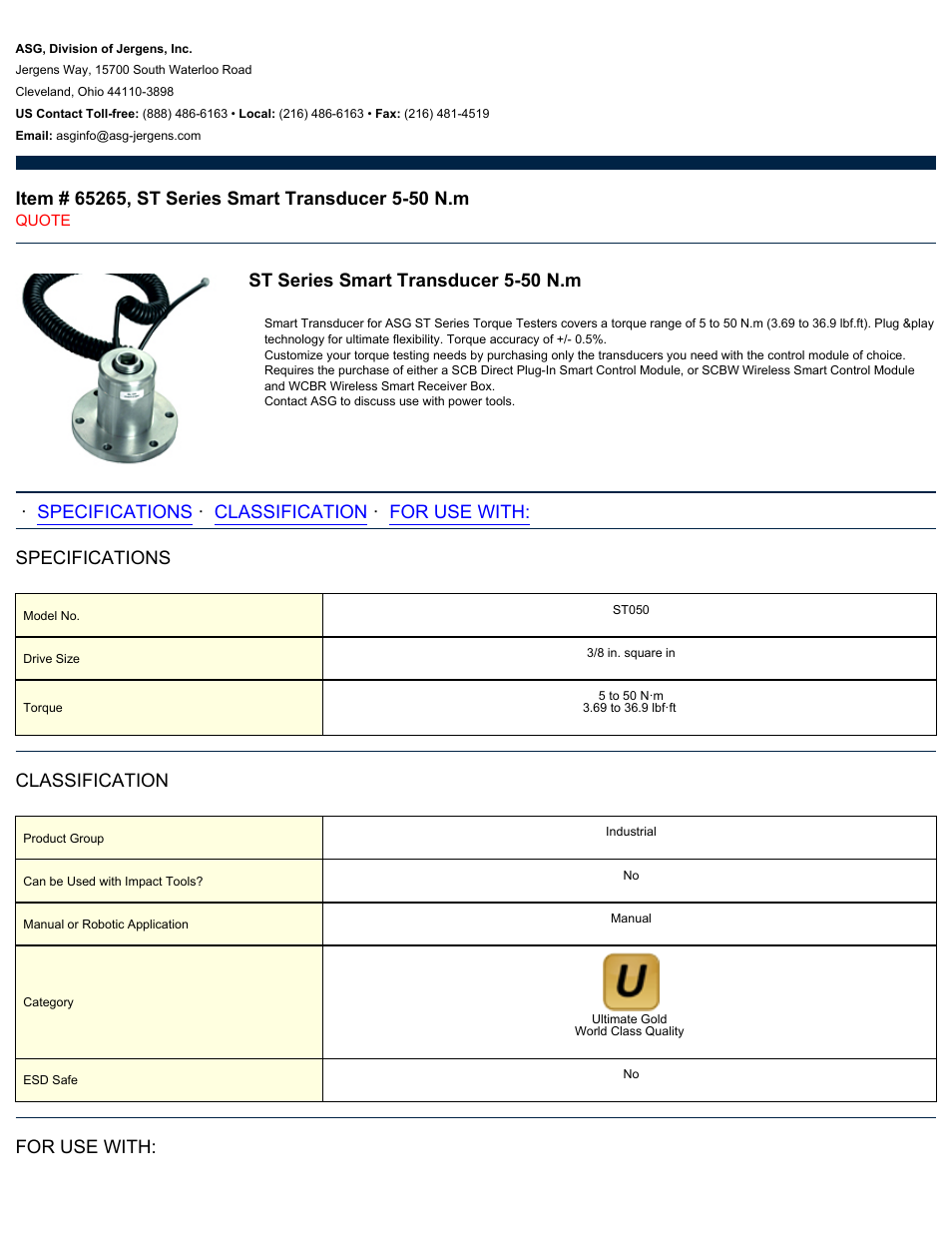 ASG Jergens 65265 ST Series Smart Transducer 5-50 N.m User Manual | 2 pages