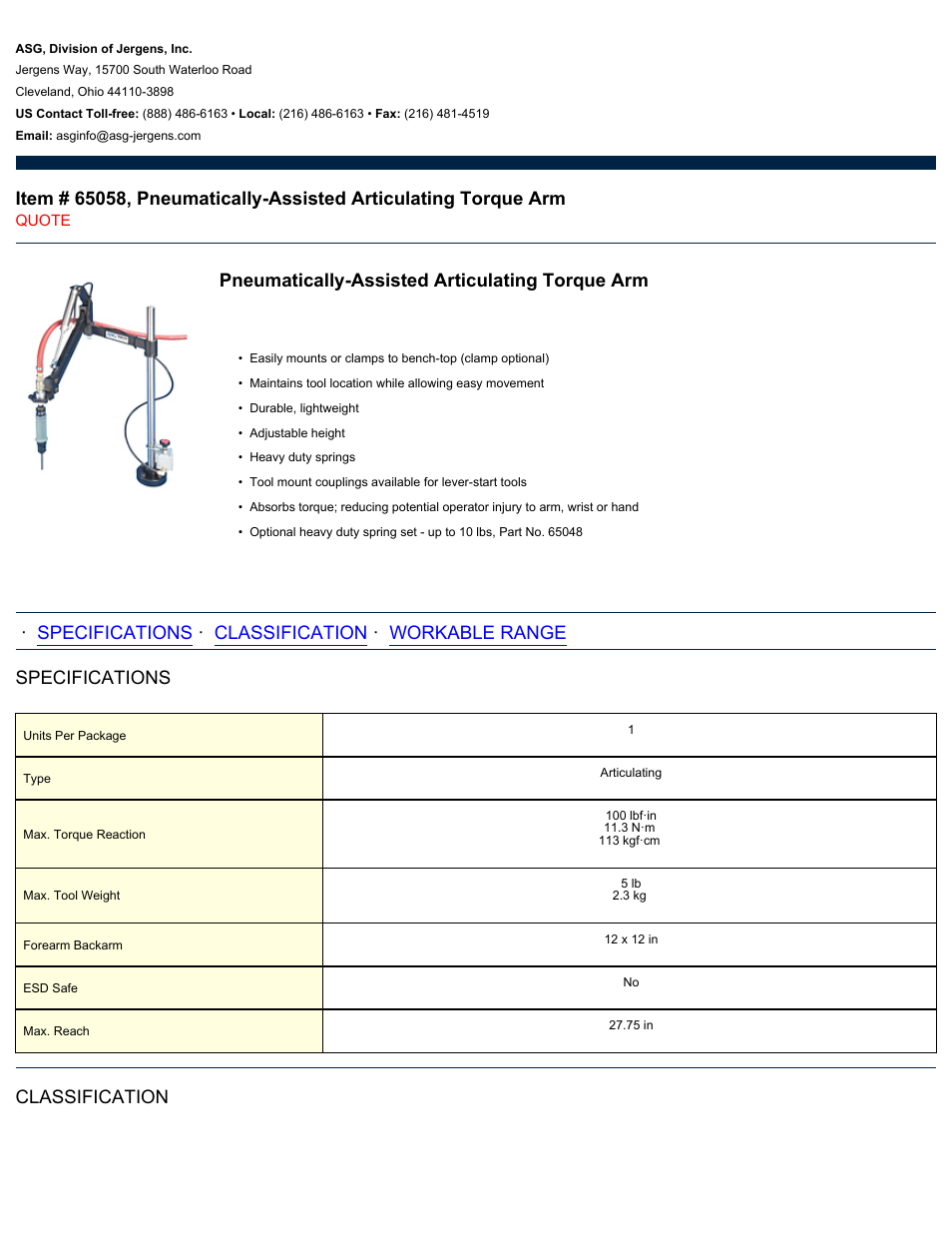 ASG Jergens 65058 Pneumatically-Assisted Articulating Torque Arm User Manual | 2 pages